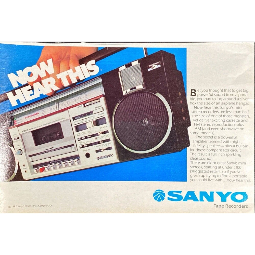 Sanyo Tape Mini Stereo Recorders "deliver cassette & FM" Vintage Print Ad 1982
